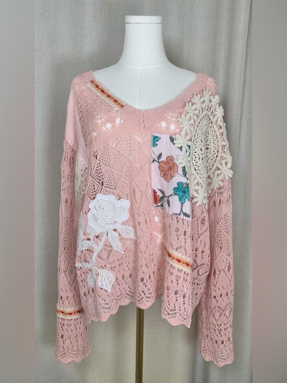 POL Blush Pink Crochet Lace Patchwork Sweater | Boho Cottagecore | Medium
